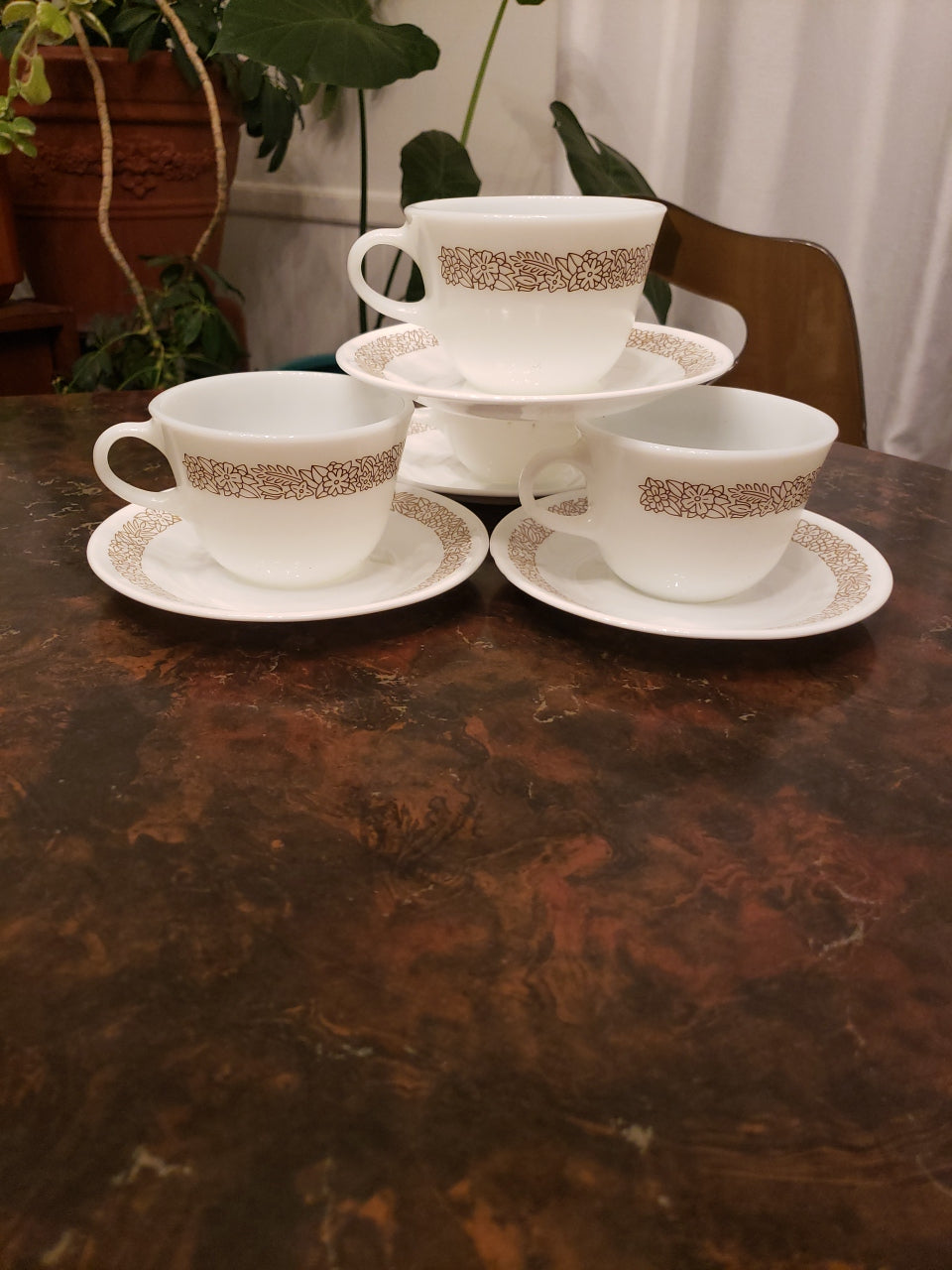 Corelle Pyrex Woodland Brown Floral White Mug Coffee/Tea Set