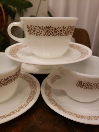 Corelle Pyrex Woodland Brown Floral White Mug Coffee/Tea Set