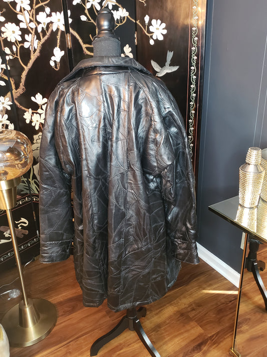 80s Style Black Leather Mosaic Coat