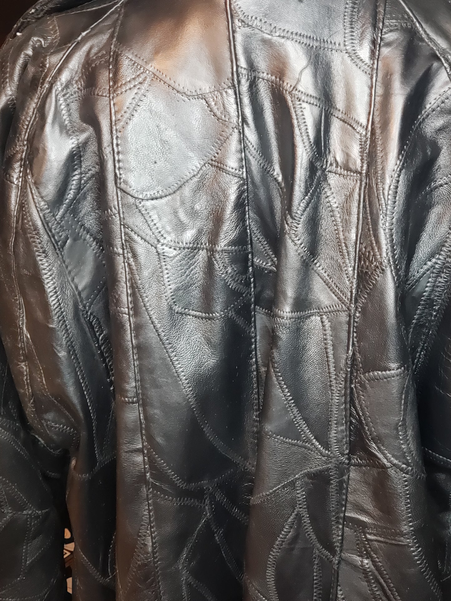 80s Style Black Leather Mosaic Coat