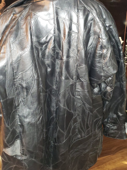 80s Style Black Leather Mosaic Coat