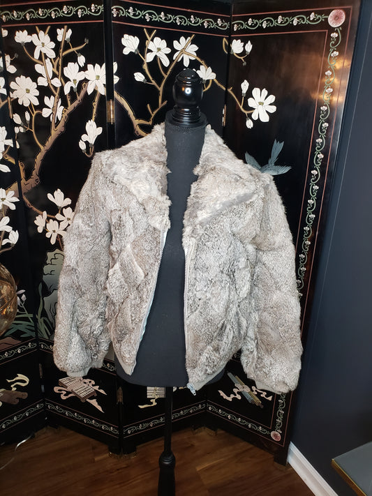 Dino Rico Gray Patchwork Rabbit Fur Bomber Jacket