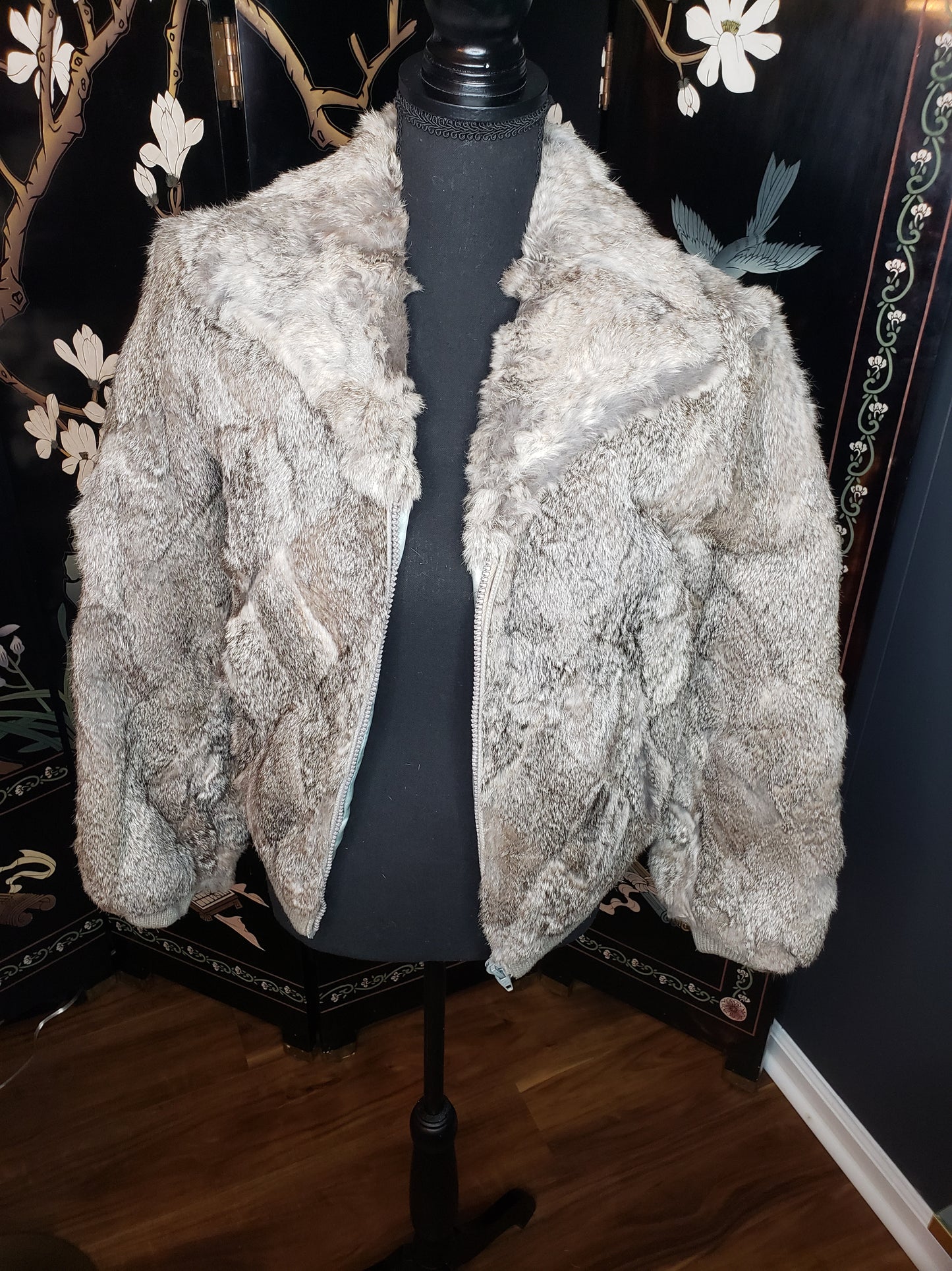 Dino Rico Gray Patchwork Rabbit Fur Bomber Jacket